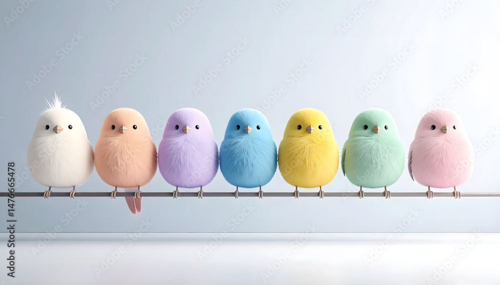 Fluffy Cartoon Birds with Colorful Feathers on a Branch Fluffy Cartoon Birds with Colorful Feathers on a Branch
