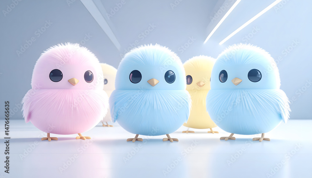 Obraz premium Fluffy Cartoon Birds with Colorful Feathers on a Branch