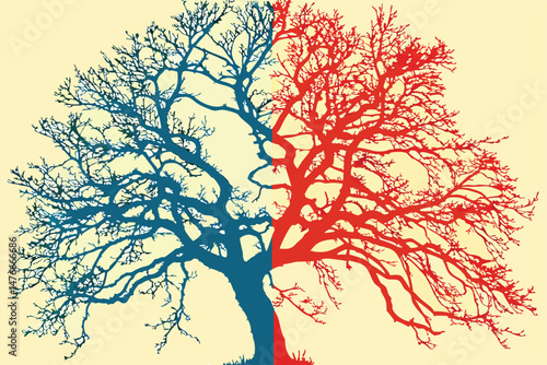114 high definition, highly detailed, photorealistic, beautiful, intricate, colorful, vibrant, dramatic, abstract tree, one side blue, one side orange, contrasting colors, surreal, digital art, 8k res