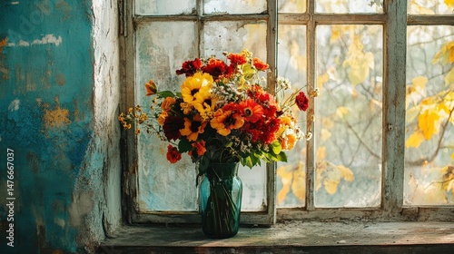 Vibrant flower bouquet on window sill with natural light