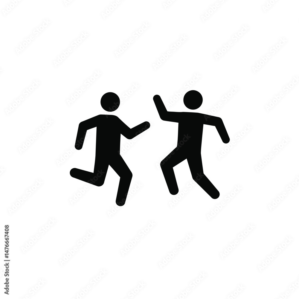 Two simplified black silhouetted figures in motion depicting running or dancing on white Two simplified black silhouetted figures in motion depicting running or dancing on white