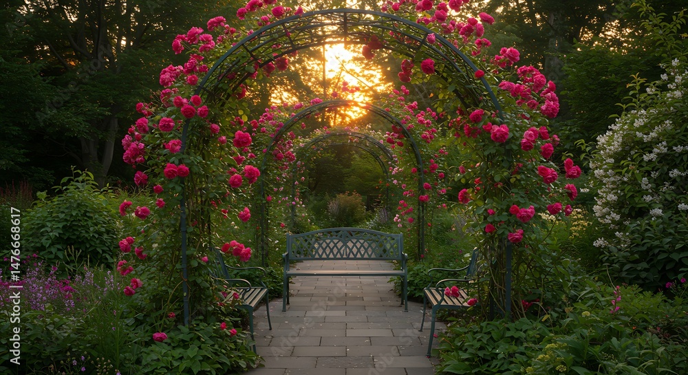 Romantic Garden Path with Rose-Covered Arbors and Benches at Sunset Romantic Garden Path with Rose-Covered Arbors and Benches at Sunset