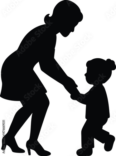 young mother she want to learn her child how to walk first step vector silhouette 