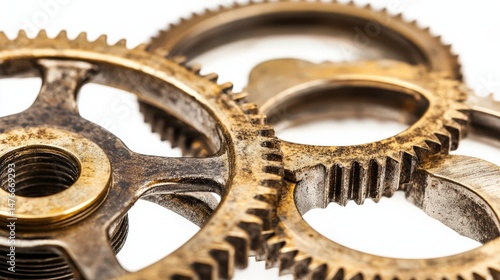 Close up view of interlocking metal gears with detailed textures and patina