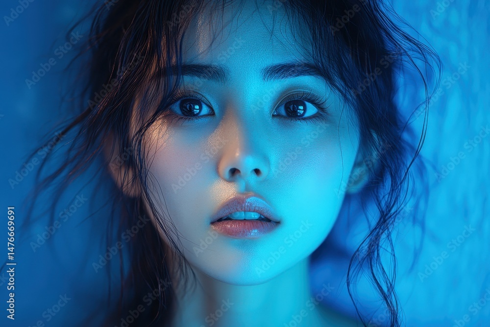 Portrait of a woman with delicate features illuminated by cool blue light in a dimly lit room Portrait of a woman with delicate features illuminated by cool blue light in a dimly lit room