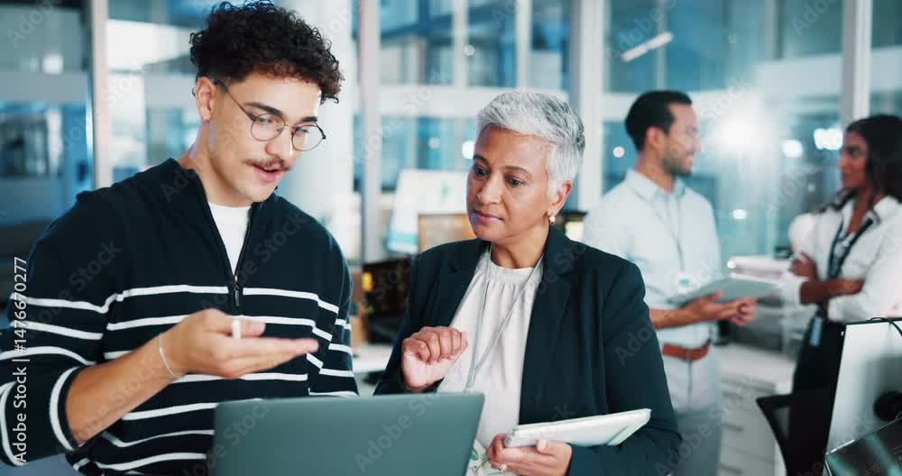 Man, manager and developer on laptop in office for programming, IT training and software update. People, digital and discussion for website development, coding information and troubleshooting system