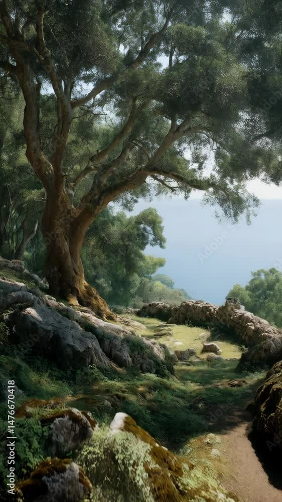 Scenic hillside view with a large old tree, natural stonework, and foliage overlooking blue sea Scenic hillside view with a large old tree, natural stonework, and foliage overlooking blue sea
