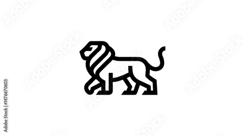 Simple Monoline Lion Logo Design Full Body Side View Elegant Animal Symbol Minimalist Graphic Strong Mascot Modern Line Art Emblem Wild Cat
