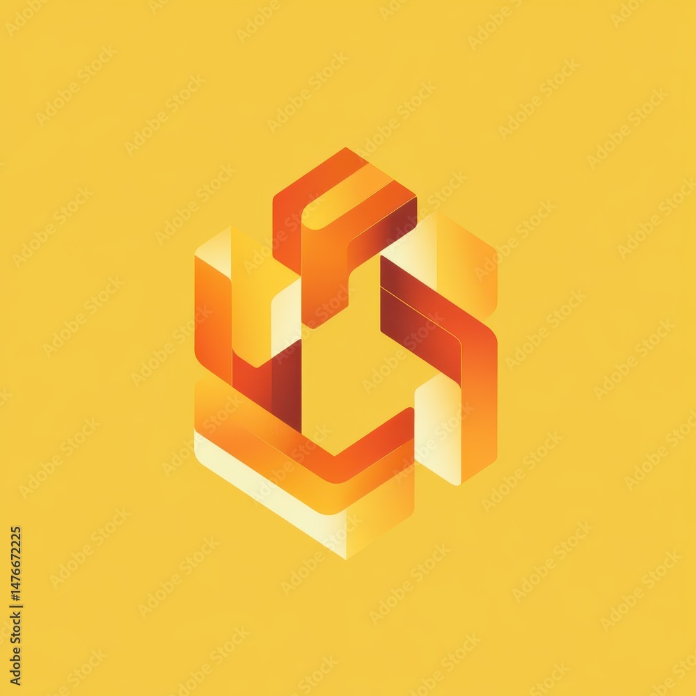 Abstract orange geometric symbol made of interlocking 3D shapes on yellow background. Abstract orange geometric symbol made of interlocking 3D shapes on yellow background.