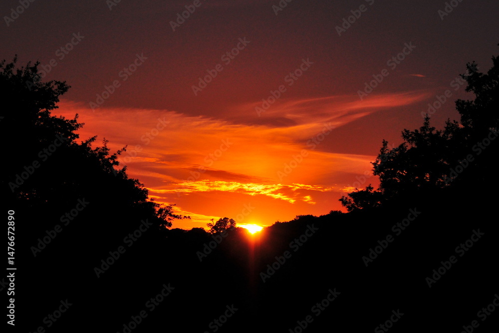Obraz premium Beautiful sunset sky over the silhouette of a forest valley