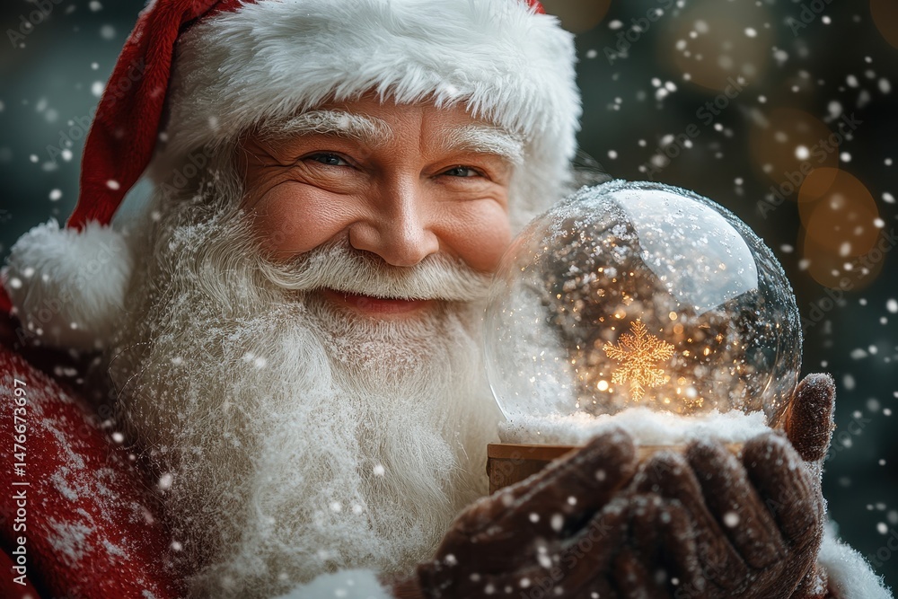 Cheerful figure in Santa costume holds snow globe with a glowing snowflake in a festive winter wonderland setting Cheerful figure in Santa costume holds snow globe with a glowing snowflake in a festive winter wonderland setting