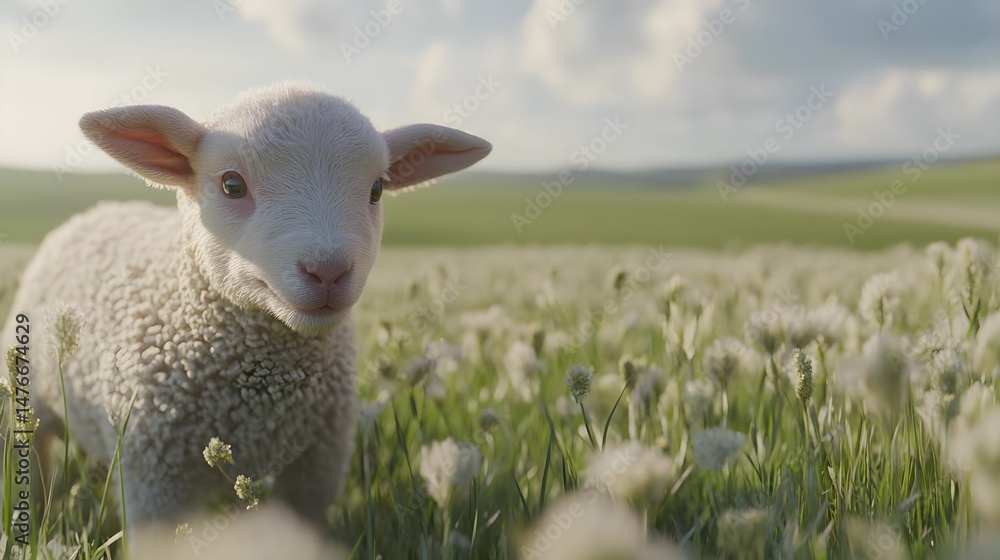 Obraz premium Fluffy White Lamb Exploring a Sunlit Meadow Surrounded by Flowers