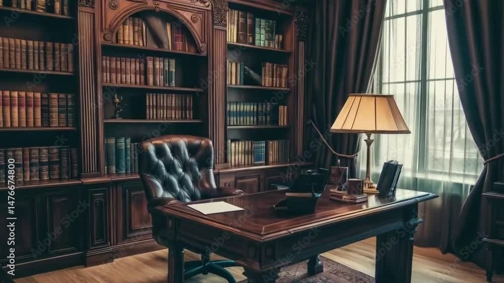 Elegant office interior with a wooden desk and bookcase Elegant office interior with a wooden desk and bookcase