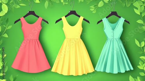 Colorful summer dresses on hangers surrounded by green leaves