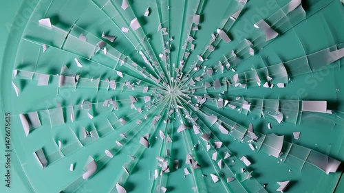 Shattered Glass Pieces on Teal Background Abstract Destruction Concept