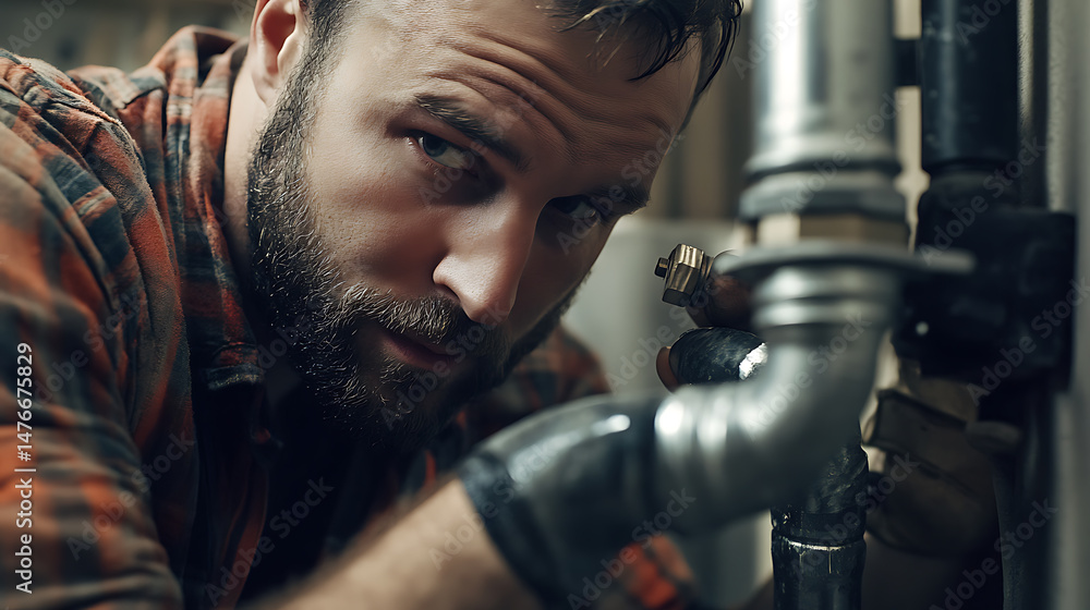 Man Working on Plumbing Pipes Man Working on Plumbing Pipes