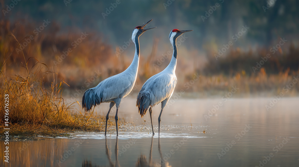 Fototapeta premium Pair of elegant cranes standing in a misty wetland, necks arched upward in synchronized duet call, calm water reflections
