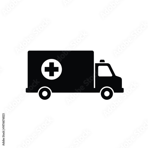 Black and white ambulance icon representing medical emergency response and healthcare