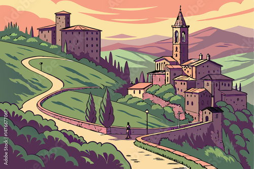 46 panoramic scenic view of historic town with medieval architecture, rolling hills, winding roads, lush greenery, vivid colors, dramatic lighting, cinematic, highly detailed, 8k resolution