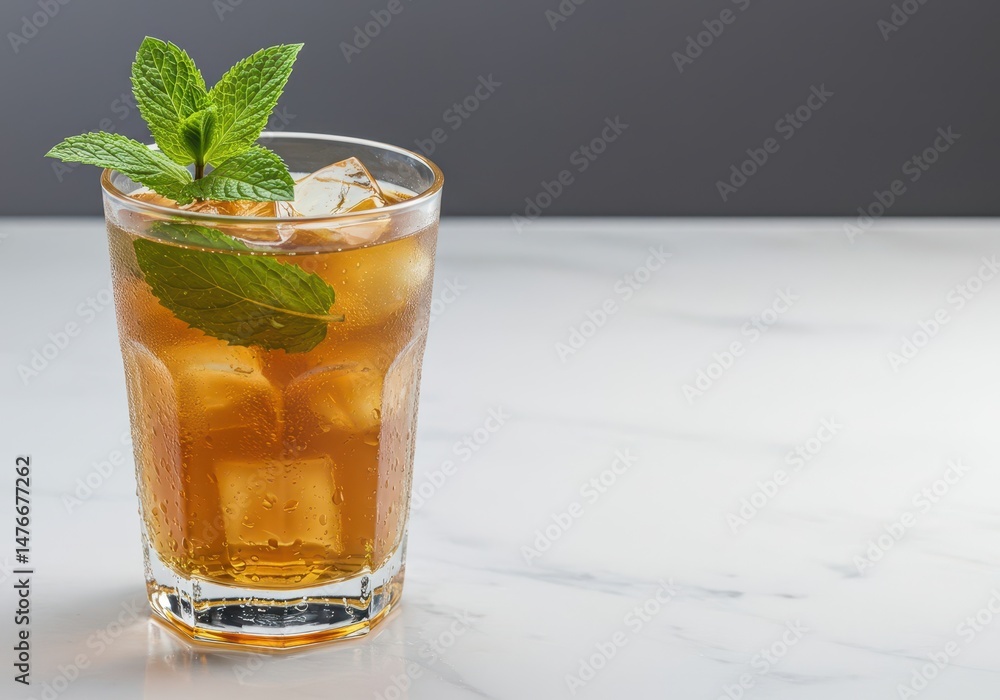 Refreshing Mint Tea Cocktail with Ice Cubes Served in a Clear Glass on a Marble Surface, Perfect Summer Drink for Warm Days and Occasions Refreshing Mint Tea Cocktail with Ice Cubes Served in a Clear Glass on a Marble Surface, Perfect Summer Drink for Warm Days and Occasions