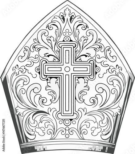 Intricately Decorated Bishop Mitre Vector with Central Cross and Baroque Floral Ornament – Black and White Religious Line Art Illustration