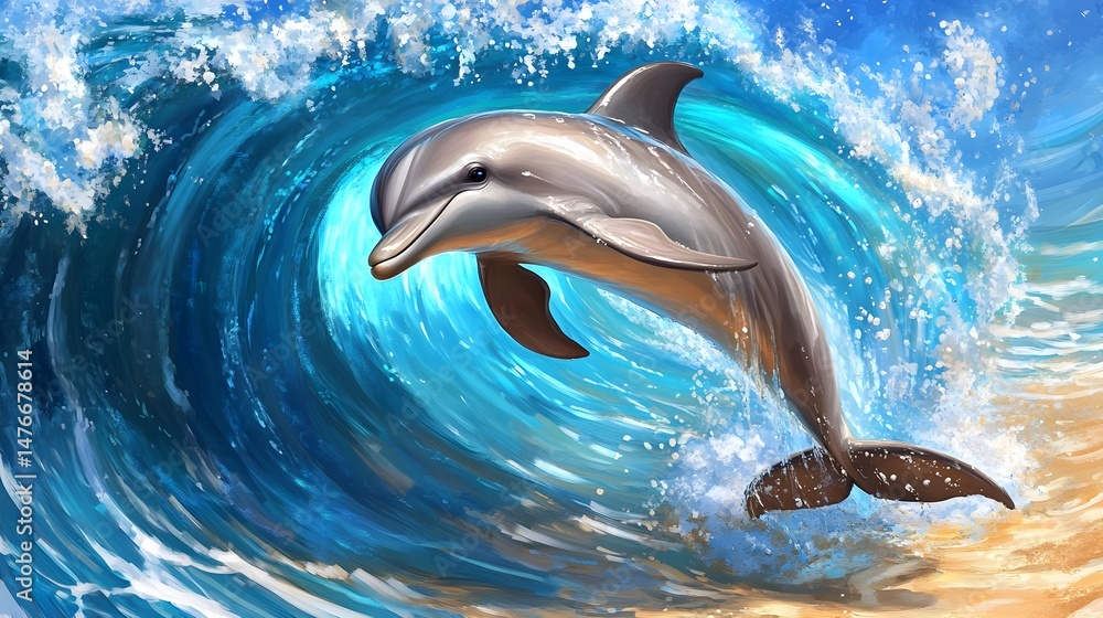 Fototapeta premium Graceful Dolphin Leaping Through Vivid Waves in Digital Art