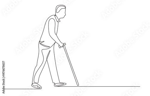 one continuous line of an old man walking with a stick. world elderly day, vector illustration
