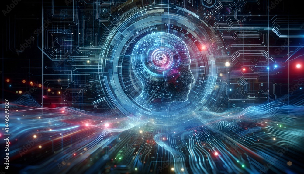 Obraz premium Futuristic AI neural network in abstruse digital form with data streams, encrypted patterns, and glowing circuits