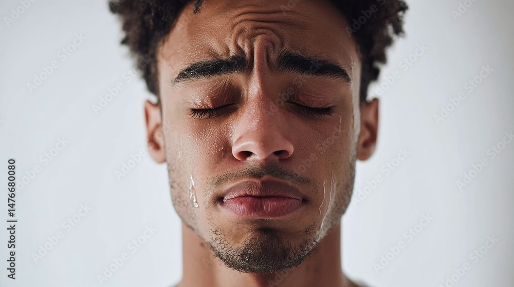 Obraz premium A man with nasal spray and teary eyes, light neutral background