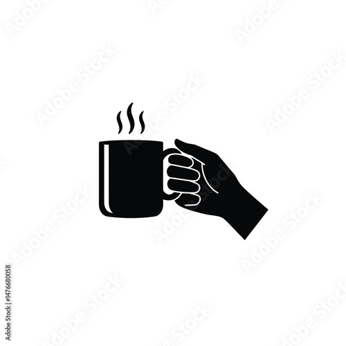 Silhouette of a hand holding a steaming coffee mug against a white background