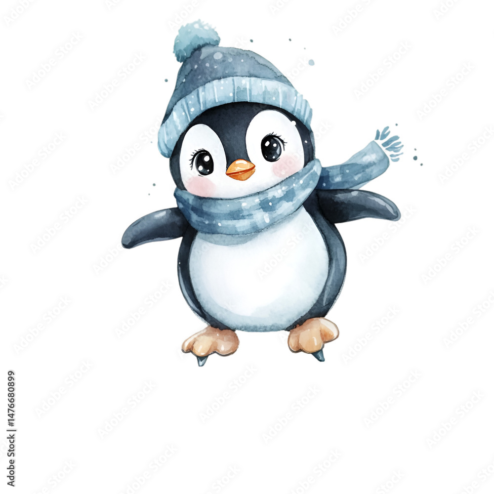 Fototapeta premium Penguin sliding on ice winter wonderland illustration snowy landscape cute animal concept