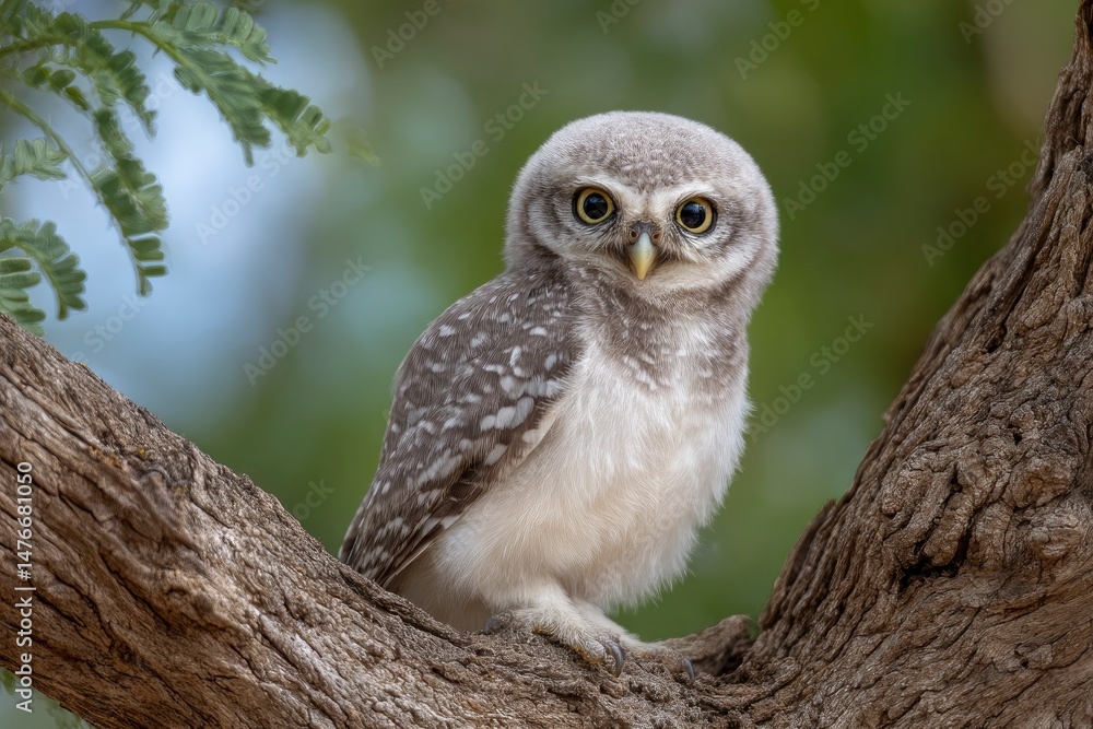 Obraz premium Young Spotted Owlet Perched on Branch: A Serene Wildlife Portrait