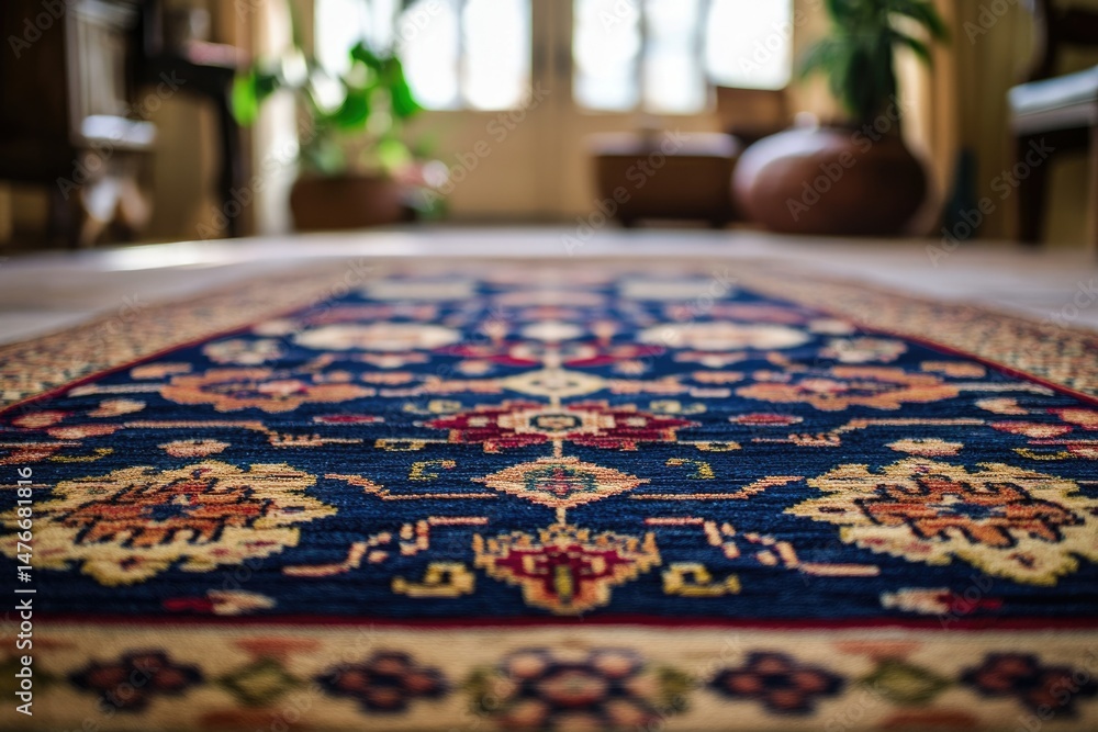 Naklejka premium A richly detailed oriental rug with intricate patterns and warm colors, adding elegance to a home interior.