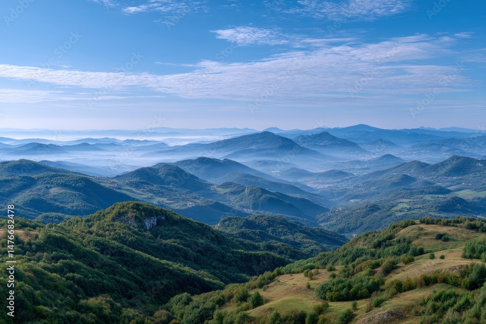 Misty Mountain Panorama: Serene Blue Ridge Landscape Misty Mountain Panorama: Serene Blue Ridge Landscape