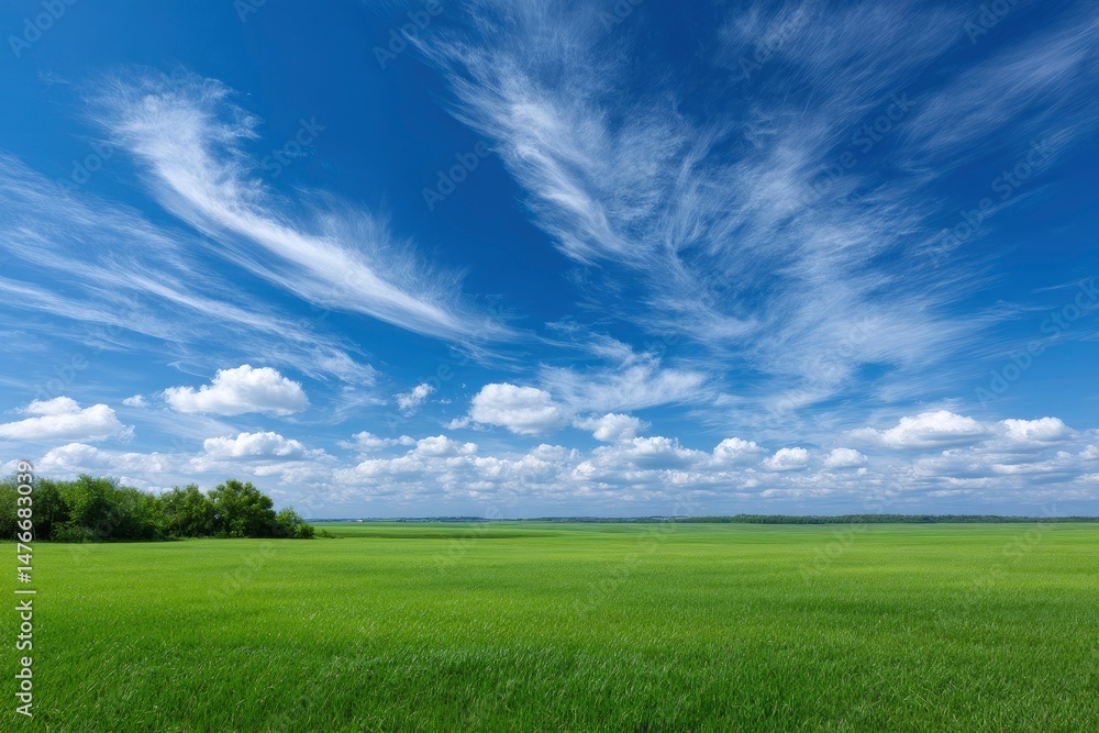 Serene Green Field Under a Vivid Blue Sky with Wispy Clouds Serene Green Field Under a Vivid Blue Sky with Wispy Clouds