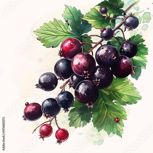 A detailed illustration of blackcurrants on a white background, showcasing their glossy surfaces and intricate patterns, with realistic leaves featuring veins and texture.