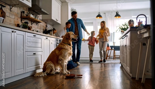 Happy family enjoys time together in a bright modern kitchen with their pet dog
