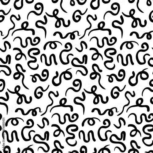 Seamless abstract squiggle pattern in black and white - playful hand-drawn doodle texture perfect for modern wallpapers, textiles, packaging, digital backgrounds, and artistic projects.