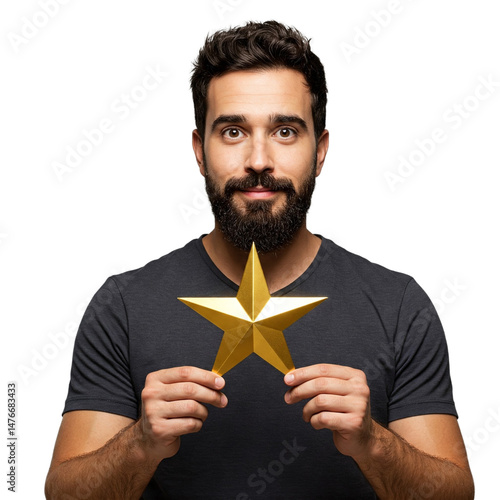 The man with the beard is holding a star in his hands isolated on transparent or white background, png