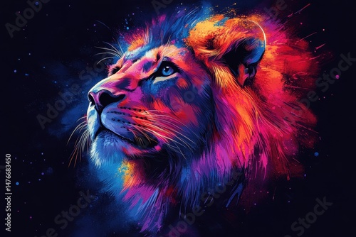 Vivid lion portrait with bold colors and artistic flair showcasing strength and majesty photo