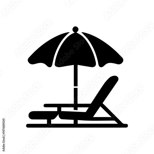 Sun Lounger Silhouette: A minimalist black silhouette depicts a serene sun lounger with a sun umbrella, evoking the essence of relaxation and leisure.