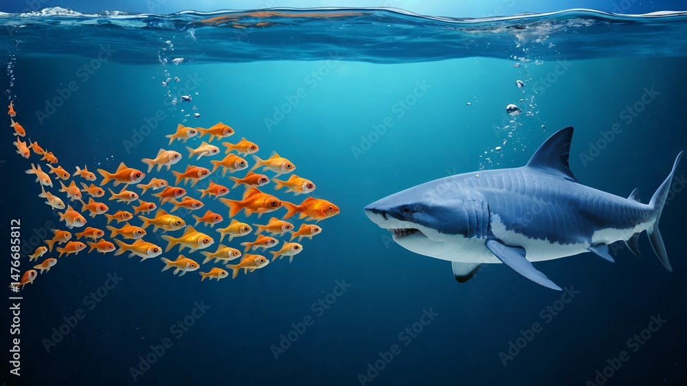 Fototapeta premium School of goldfish swimming in formation facing a great white shark underwater, concept for business strategy, risk management, and competitive advantage