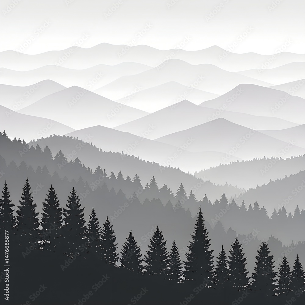 Fototapeta premium Misty Mountain Range with Coniferous Forest