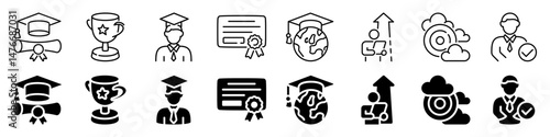 Graduation and achievement icon set. Linear and silhouette style.