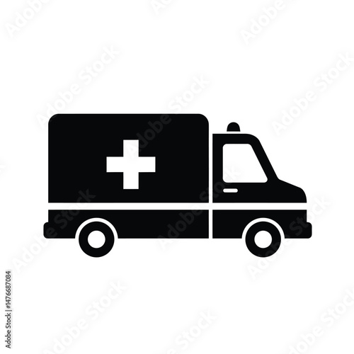 Black and white illustration of an ambulance showing medical emergency and healthcare services