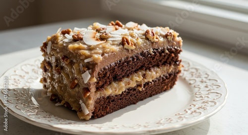 Wallpaper Mural Delicious chocolate-layered cake topped with caramel frosting, nuts, and coconut served on a decorative plate in warm natural light Torontodigital.ca