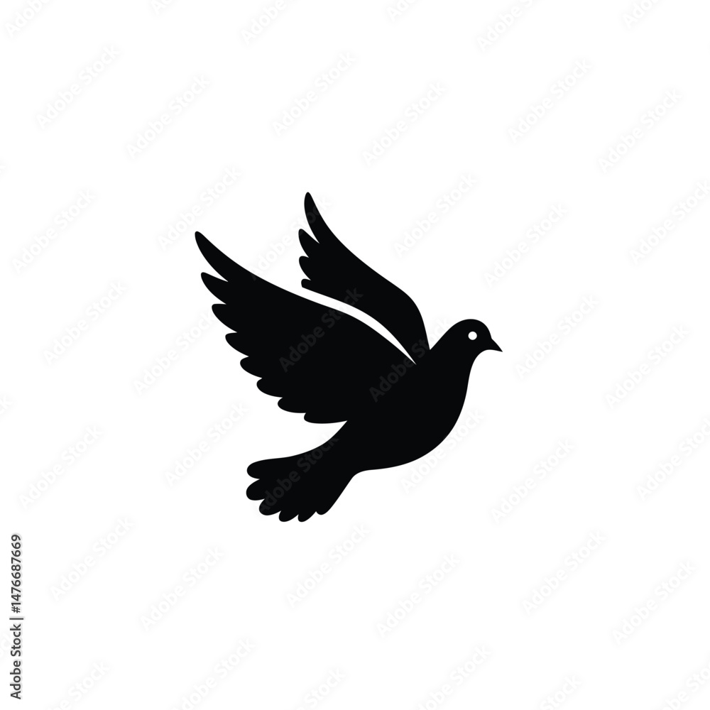 Black silhouette illustration of a soaring dove symbolizing peace and tranquility on a white background Black silhouette illustration of a soaring dove symbolizing peace and tranquility on a white background
