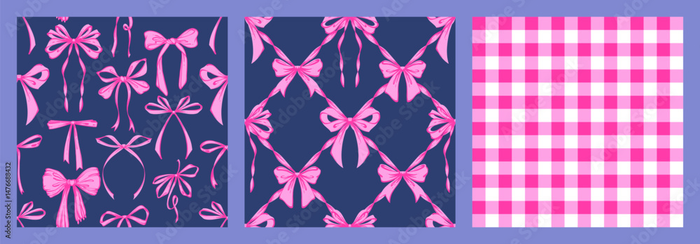 Fototapeta premium Ribbon Bow Coquette Seamless Pattern Set. Purple Hand-Drawn Feminine Lattice Checkered Pattern Backgrounds with garland of bows. Romantic Design. Perfect for Lovely, Whimsical Valentines Day Backdrop