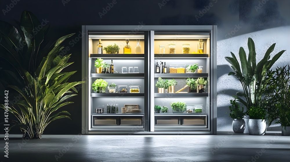 Modern Stylish Kitchen With Pantry And Plants Illuminated Design Modern Stylish Kitchen With Pantry And Plants Illuminated Design