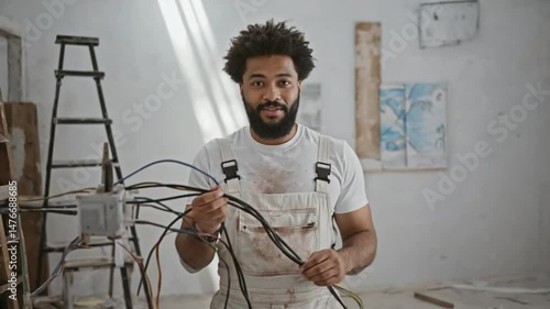 A man electrician holding a board with wires